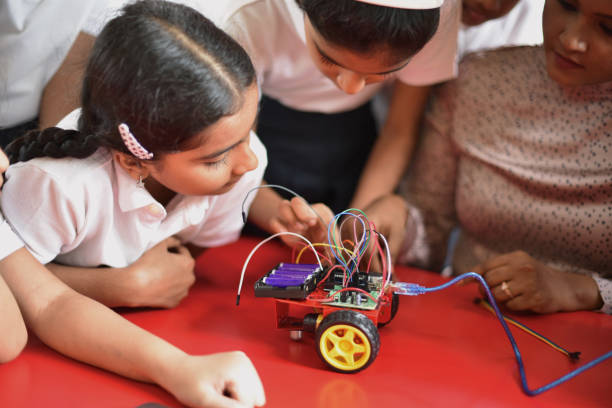 Indian school students working on robotics